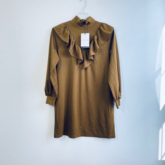Who What Wear Medium Women's Long Sleeve Knit Ruffle Sheath Brown Mini Dress New - Picture 4 of 12